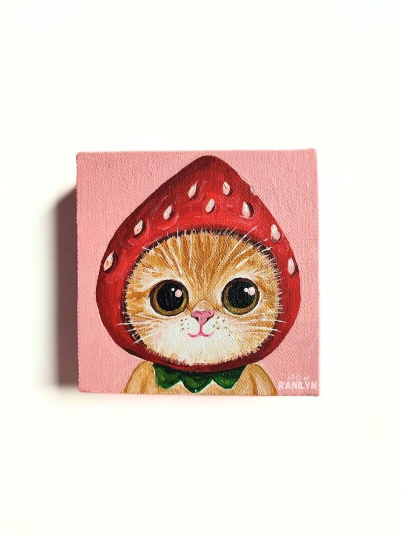 Strawberry-Head Cat (5 x 5 inches, chunky canvas) | Original by Ranilyn