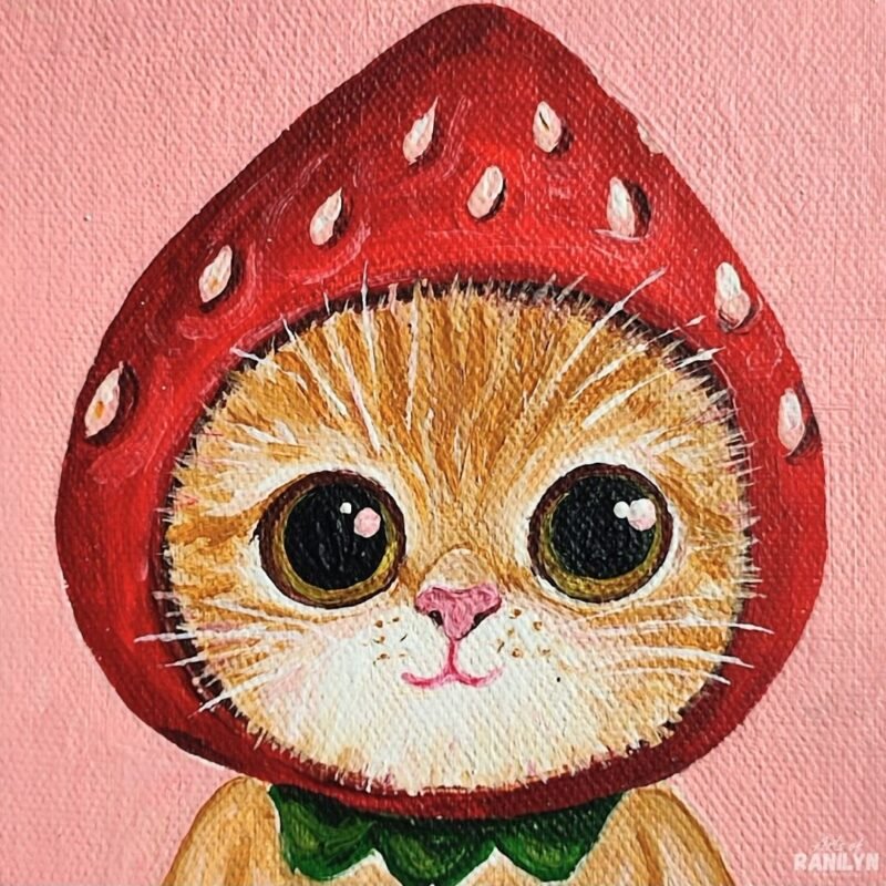 Strawberry-Head Cat (5 x 5 inches, chunky canvas) | Original by Ranilyn