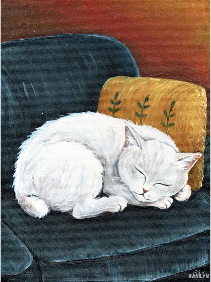 resting white cat original Resting White Cat (6 x 8 inches, canvas panel) | Original by Ranilyn
