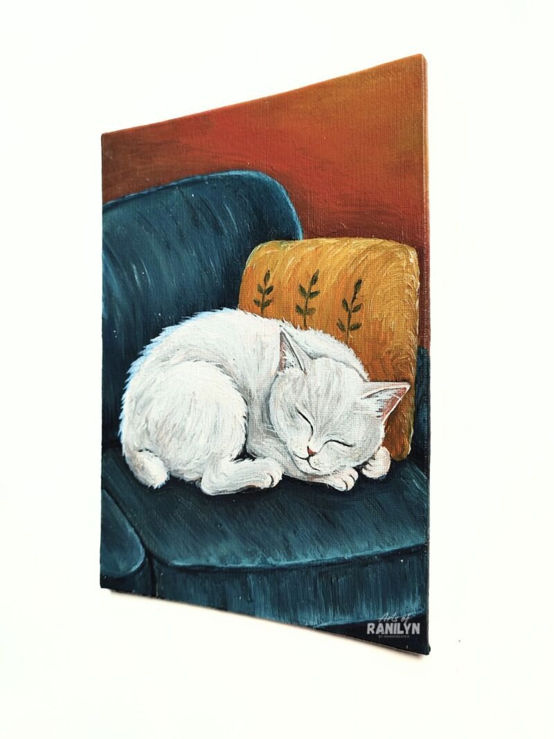 resting white cat original 2 Resting White Cat (6 x 8 inches, canvas panel) | Original by Ranilyn